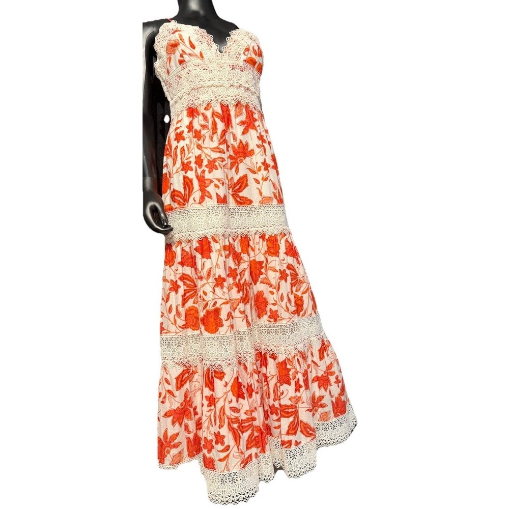 Antonio Melani Bright Orange Floral & Lace Tiered Maxi Sun Dress, Lined, Sz 10 - Picture 5 of 7